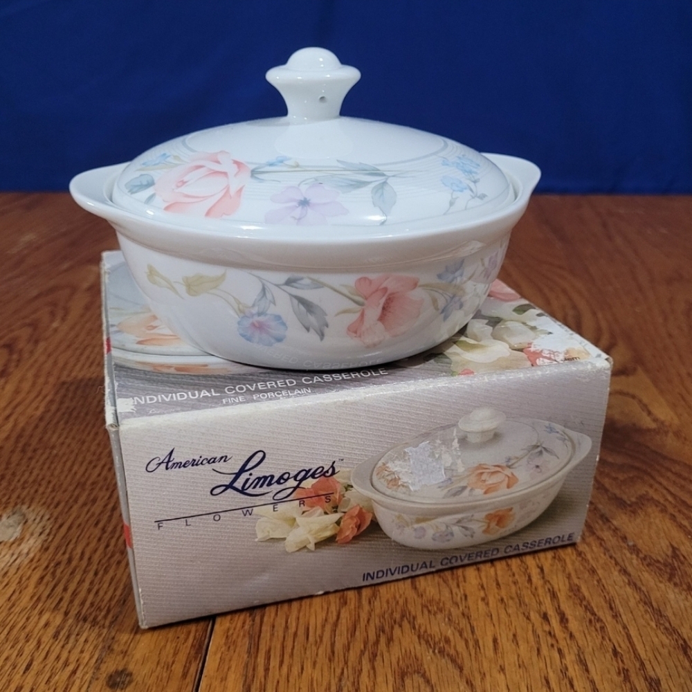 NIB Vintage American Limoges Flowers Individual Covered Casserole Dish